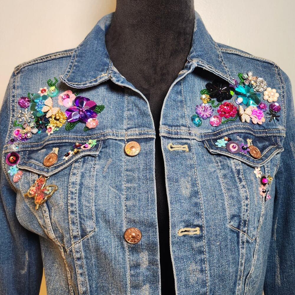 CUSTOM Butterfly in Bloom Sequin Denim Jacket, Size Small - Picture 4 of 13